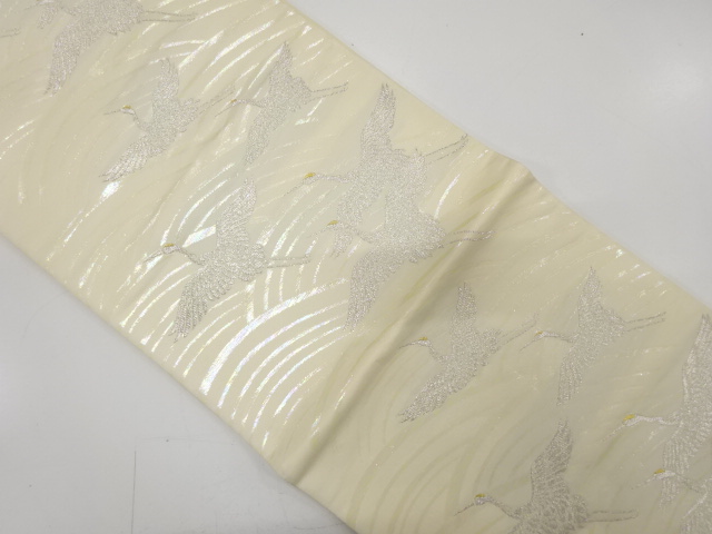 JAPANESE KIMONO / ANTIQUE FUKURO OBI / SILK / WOVEN CRANES & ROUGH WAVES